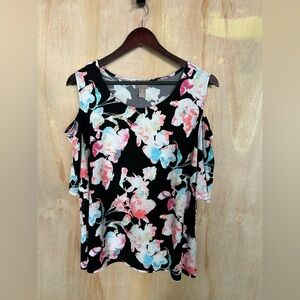 Chico's Black Cold-Shoulder Top with Pastel Floral Print